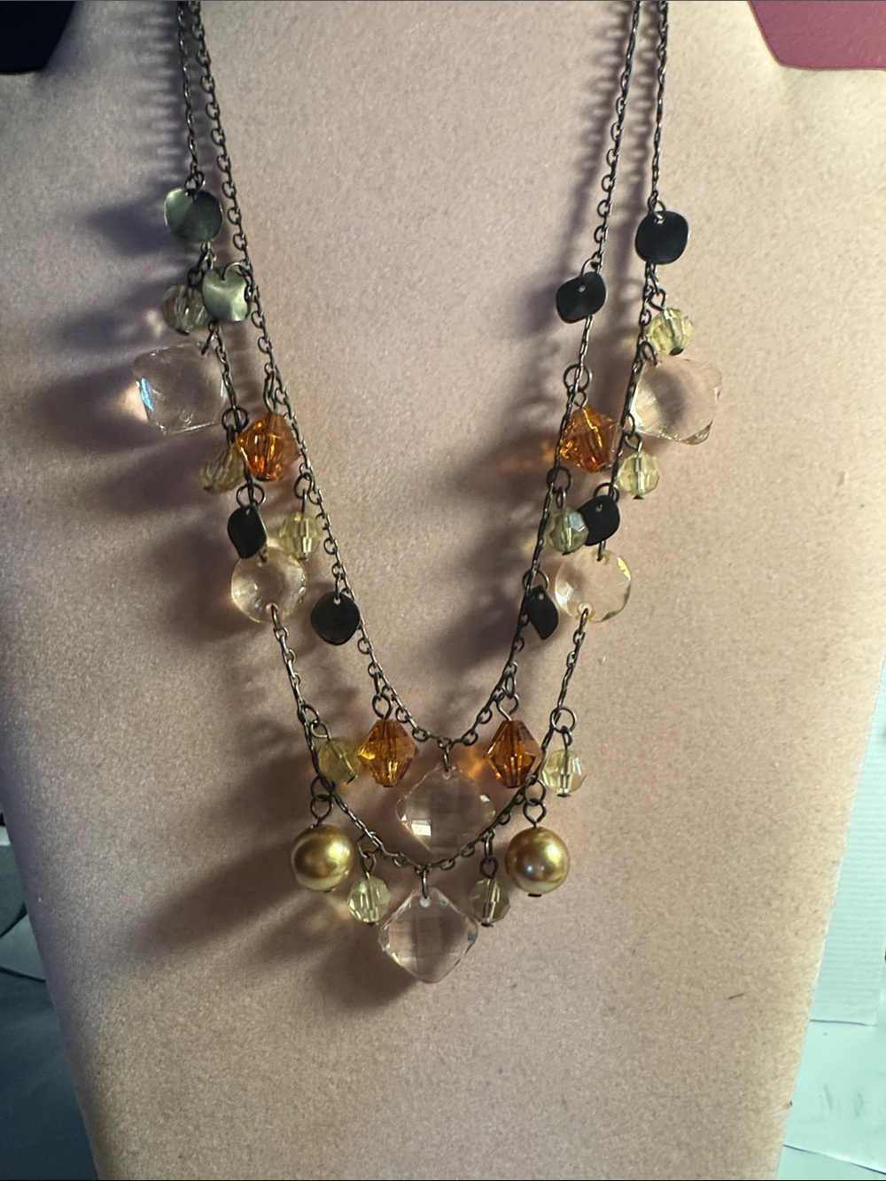 Premier Designs Multi-Strand Necklace in Amber, Clear & Green 9”